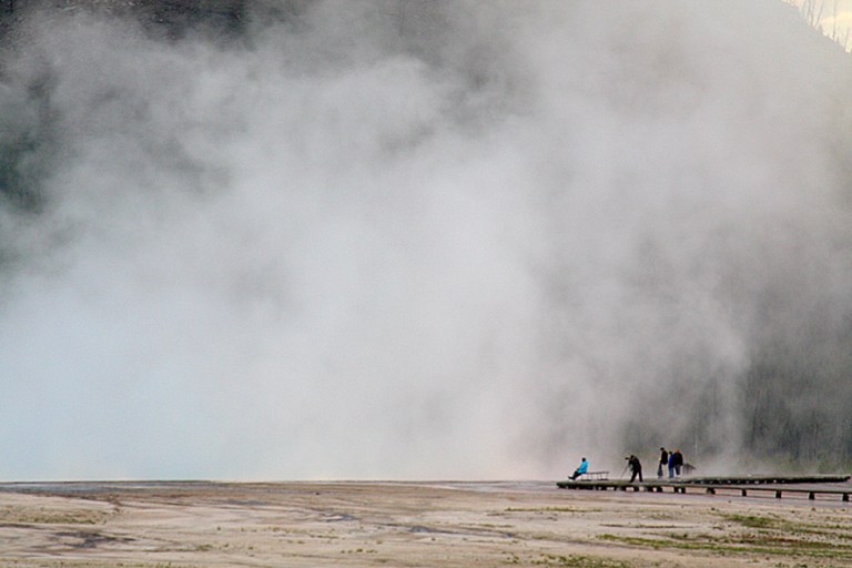 STEAM AND TOURISTS AT MIDWAY GEYSER BASIN