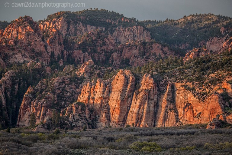 Colorful sandstone rock formations formed through erosion are seen at Hop Valley at the Kolob Terrace section of Zion National Park, Utah