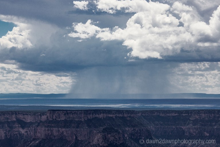 A storm cell moves toward the South Rim of The Grand Canyon at Grand Canyon National Park, Arizona