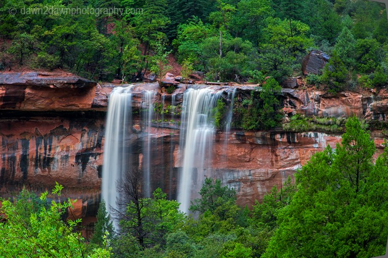 Heavy rains produce waterfalls at Emerald Pools at Zion National Park, Utah