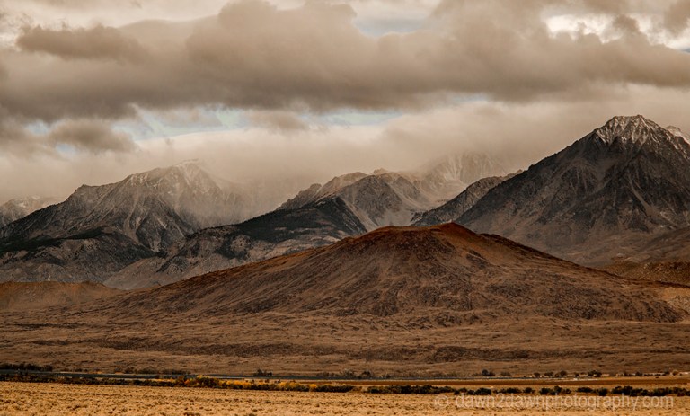 Fresh snow covers the high peaks of the Sierra Nevada Mountain Range as seen from Owens Valley, California