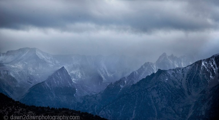 Fresh snow cover the high peaks of the Sierra Nevada Mountain Range, California