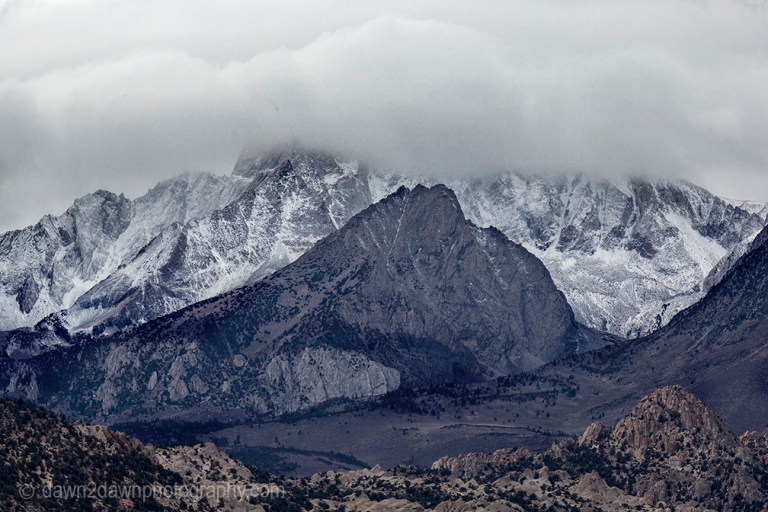 Fresh snow cover the high peaks of the Sierra Nevada Mountain Range, California