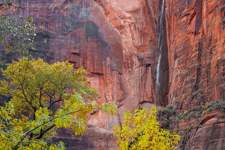 A seasonal waterfall flows from the top of Zion Canyon at Zion National Park, Utah