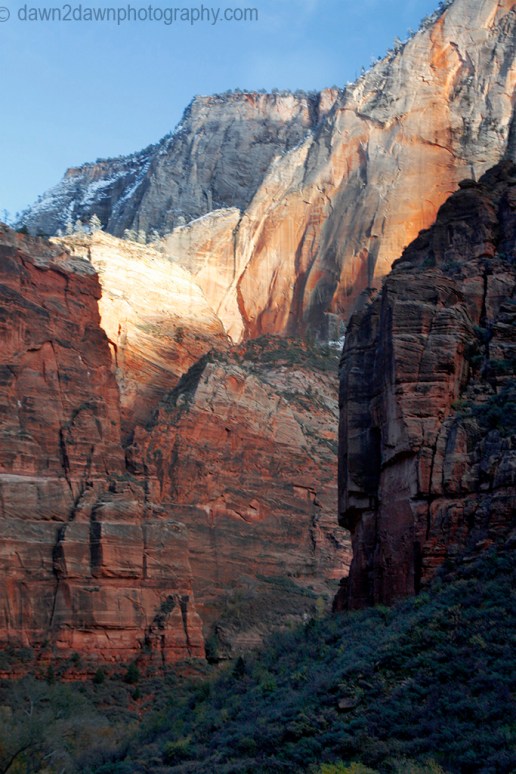 Verticle sandstone cliffs make up the landscape at Zion National Park's Big Bend