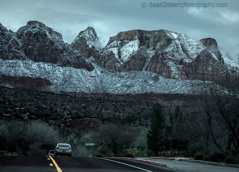 Fresh snow has fallen during winter at Zion National Park