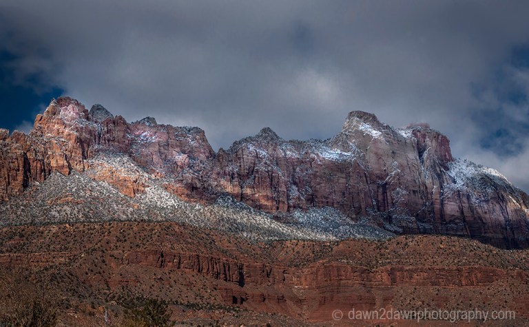 Fresh snow has fallen during winter at Zion National Park