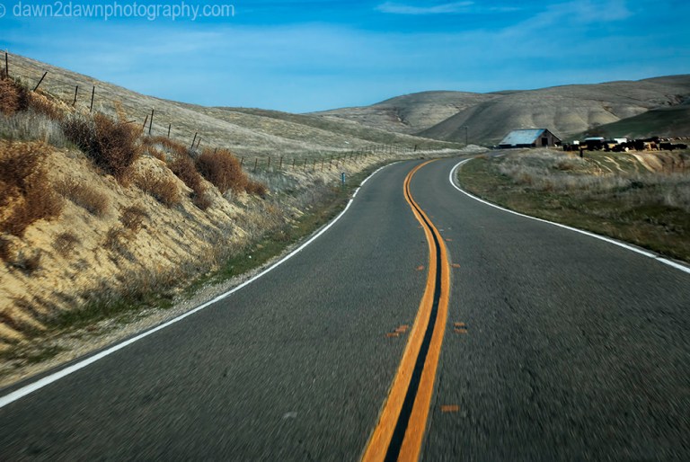 A two lane road passes through pastureland in rural California