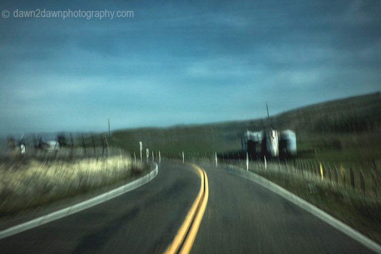 A two lane road passes through pastureland in rural California