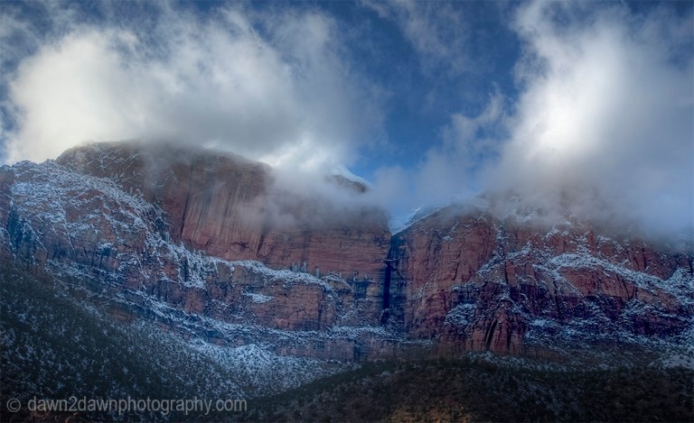 Fresh snow has fallen during winter at Zion National Park, Utah
