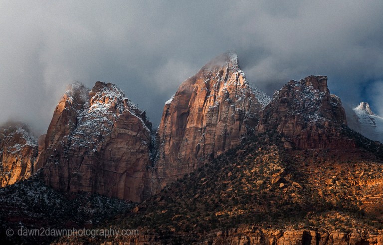 Fresh snow has fallen during winter at Zion Canyon at Zion National Park, Utah
