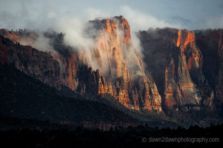 The sun sets on the landscape in and around Zion National Park, Utah.