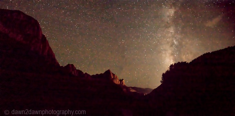 The Milky Way appears over Zion National Park on a moonless night.