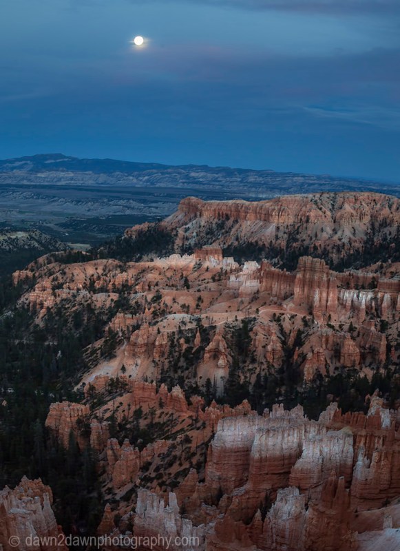 The nearly full moon rises above Bryce Canyon National Park, Utah