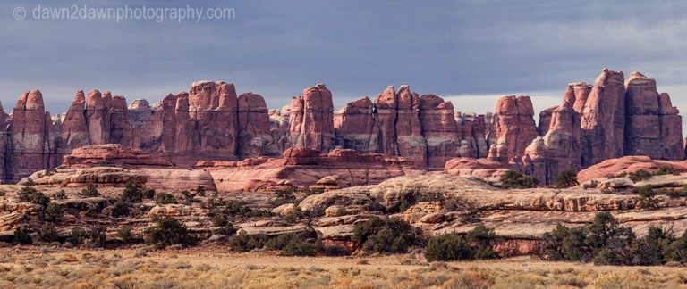 Unusually shaped and colored rock formations make up the landscape at the Needles District at Canyonlands National Park, Utah