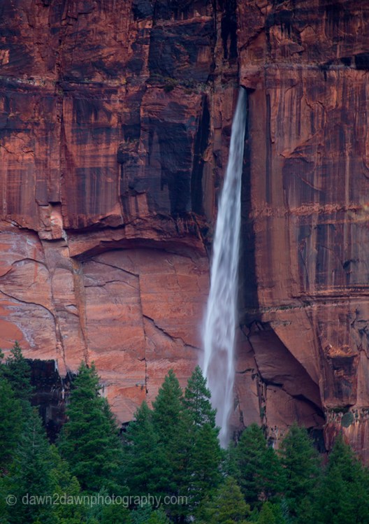 Heavy rain produces an ephemeral waterfall at Zion National Park, Utah