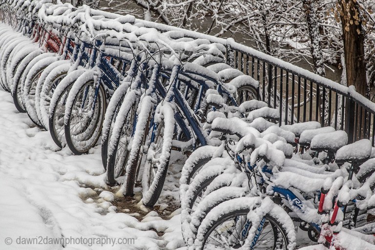 Fresh snow blankets a bicycle shop just outside Zion National Park on Christmas morning.