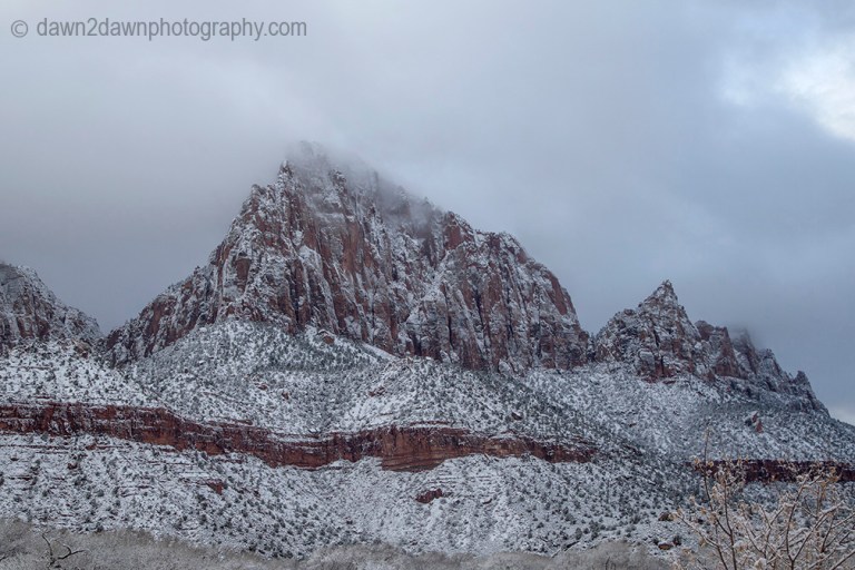 Fresh snow blankets Zion National Park on Christmas morning.