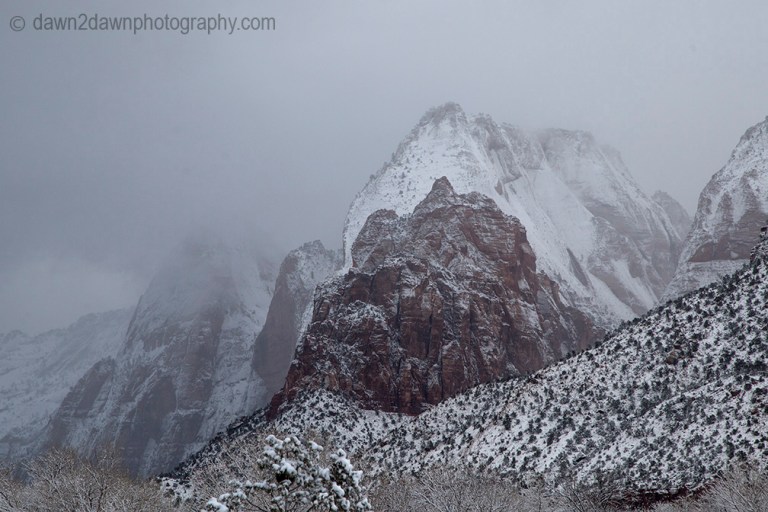 Fresh snow blankets Zion National Park on Christmas morning.