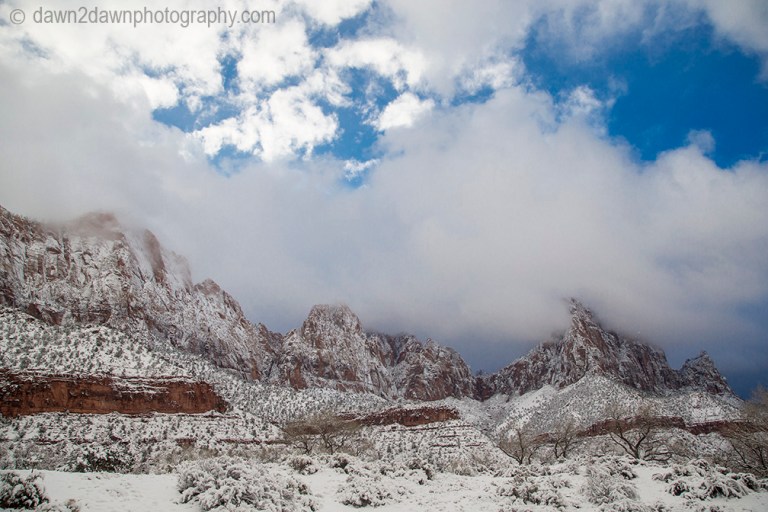 Fresh snow blankets Zion National Park on Christmas morning.