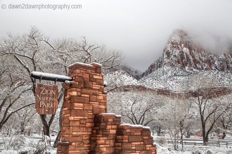 Fresh snow blankets Zion National Park on Christmas morning.