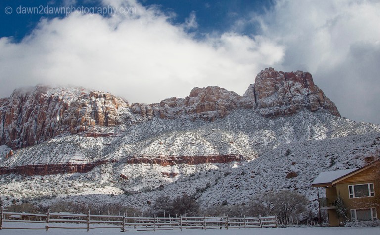 Fresh snow blankets Zion National Park on Christmas morning.