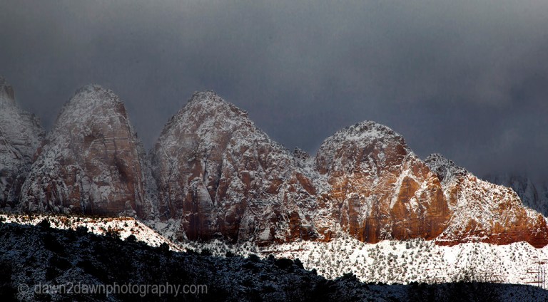 Fresh snow blankets Zion National Park on Christmas morning.