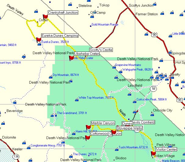 Texas Spring, Marble Canyon, Cottonwood Canyon, Stovepipe Wells Village, Stovepipe Wells Dunes, Devil's Cornfield, Scotty's Castle, Ubehebe Crater, Crankshaft Junction, Eureka Dunes. We camped at Eureka Dunes. 164 miles, 10 hours 24 minutes